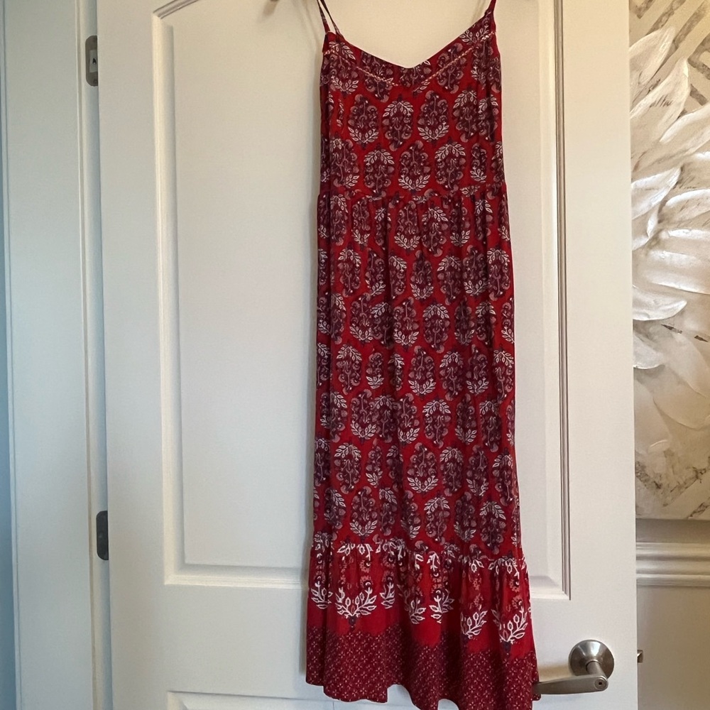 M&S Collection, red sundress with pink, white and blue small flower pattern.